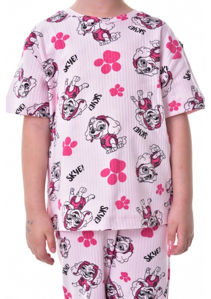 %100 Pamuk Interlok Kumaş Sevimli Paw Patrol Baskılı Kısa Kollu Yazlık Kız Çocuk Pijama Takımı