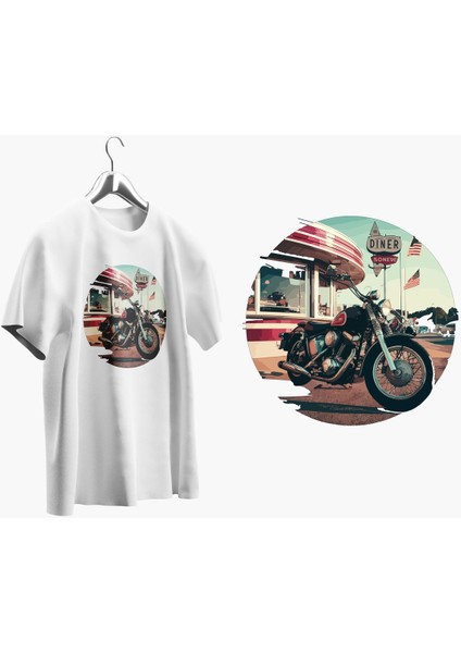 X7 Design Art  Oversize Kalıp Bisiklet Yaka Motosiklet Baskılı T-Shirt