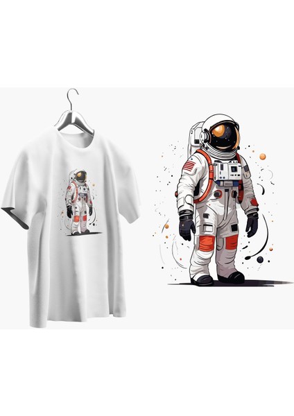 X7 Design Art  Oversize Kalıp Bisiklet Yaka Astronot Baskılı T-Shirt