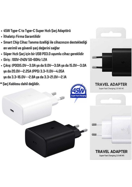 1 Yıl Samsung Galaxy A54 5g Uyumlu 45W Type-C Super Hızlı Şarj Aleti Adaptör - Ithalatçı Garantili