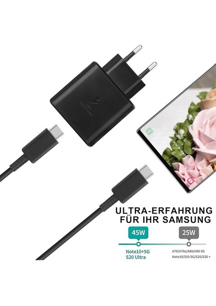 Siyah Samsung 45W Pd Sarj Cihazı Seyahat Seti Type-C Süper Hızlı Şarj Cihazı Seti USB Type C Belir
