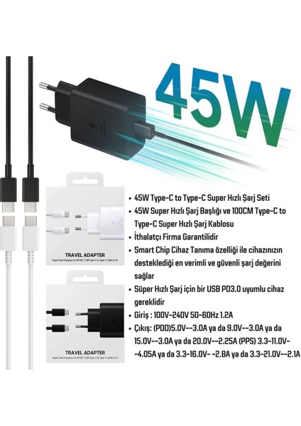 USB Type C Samsung Galaxy Z Fold 3 Uyumlu 45W Super Hızlı Type-C Şarj Aleti Seti - Ithalatçı Garant