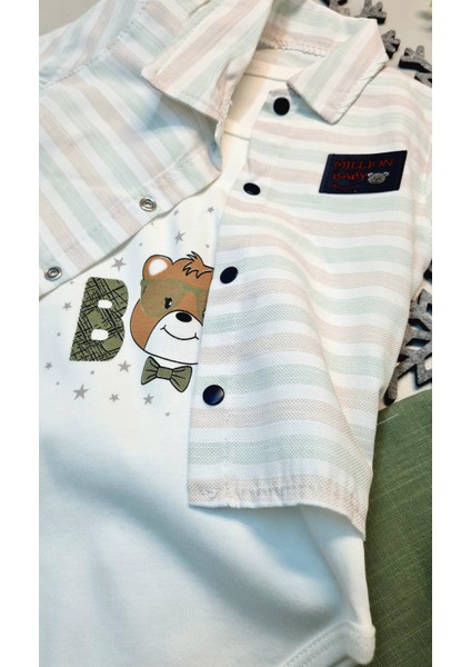 Arsyy Bebek Kolsuz Çıtçıtlı Body Keten Şort ve Kısa Kol Gömlek 3 Lü Takım Yeşil Hediyelik