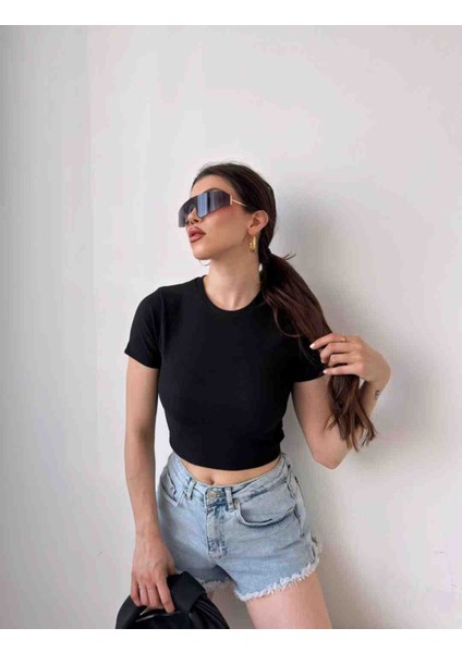 Bisiklet Yaka Crop Tişört