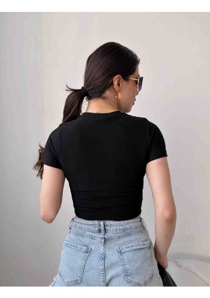 Bisiklet Yaka Crop Tişört