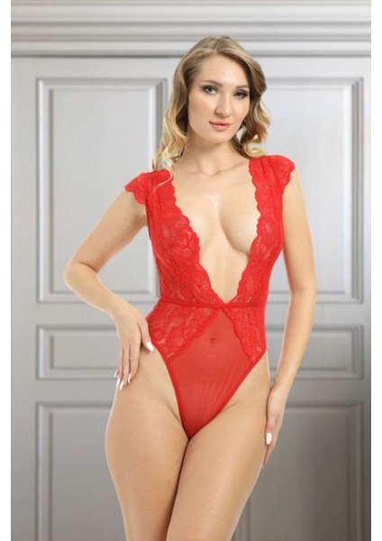 Ramby CLZ946 Kırmızı Yarım Kol Dantel Bodysuit