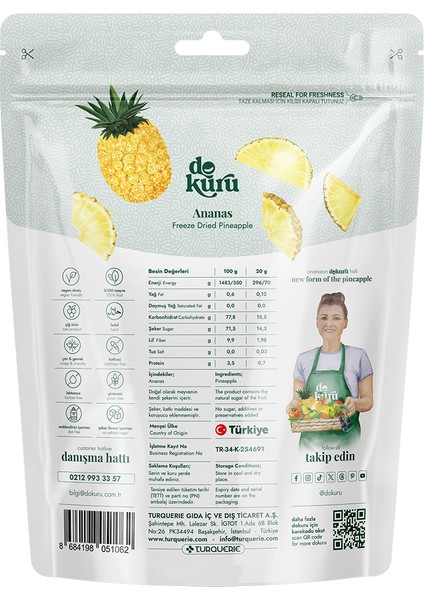 Ananas Kuru Meyve Cipsi - Dondurularak Kurutulmuş Freeze Dried Çıtır Ananas