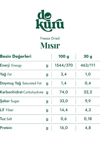 Mısır Kuru Sebze Cipsi - Dondurularak Kurutulmuş Freeze Dried Çıtır Mısır