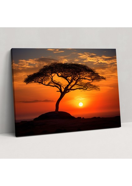 Sakin Gün Batımı Duvar Dekorasyonu - Toprak, Kanvas Tablo, Siluet Ağaç, Güneş, 50X30