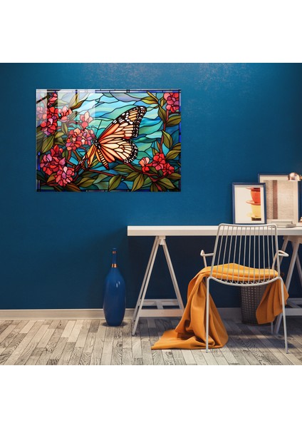 Kelebekler Vitray Duvar Sanatı - Kurutulmuş Kelebekler, Canlı Renkler, Modern Sanat, Açan Çiçek, 45X30 fiyatları