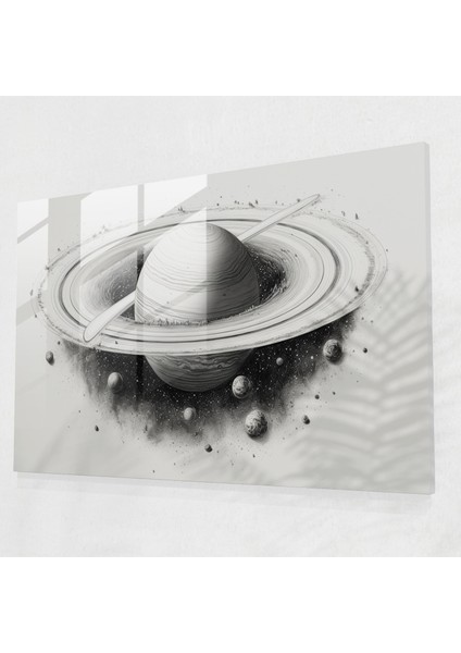 Saturn Glass Print - Monokromatik Mürekkep Çizimi - Toprak, Cam Duvar Sanatı, Monokromatik Mürekkep Çizimi, Detaylı Illüstrasyon, 45X30