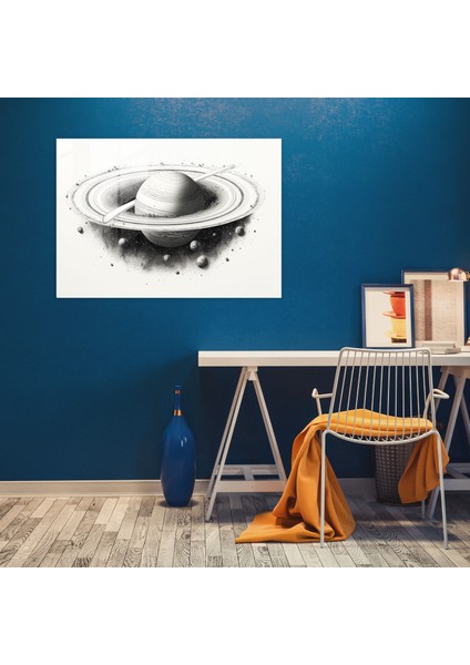 Saturn Glass Print - Monokromatik Mürekkep Çizimi - Toprak, Cam Duvar Sanatı, Monokromatik Mürekkep Çizimi, Detaylı Illüstrasyon, 45X30 modelleri