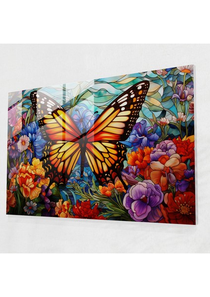 Vitray Kelebek Duvar Sanatı - Kurutulmuş Kelebekler, Modern Sanat, Vitray Tasarımı, Açan Çiçekler, 45X30