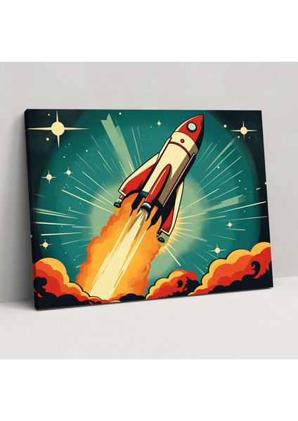 Retro Rocket Galaxy Duvar Tablosu - Toprak, Roket Gemisi, Kanvas Tablo, Ev Dekorasyonu, 50X30