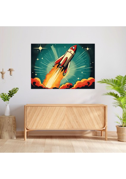 Retro Rocket Galaxy Duvar Tablosu - Toprak, Roket Gemisi, Kanvas Tablo, Ev Dekorasyonu, 50X30