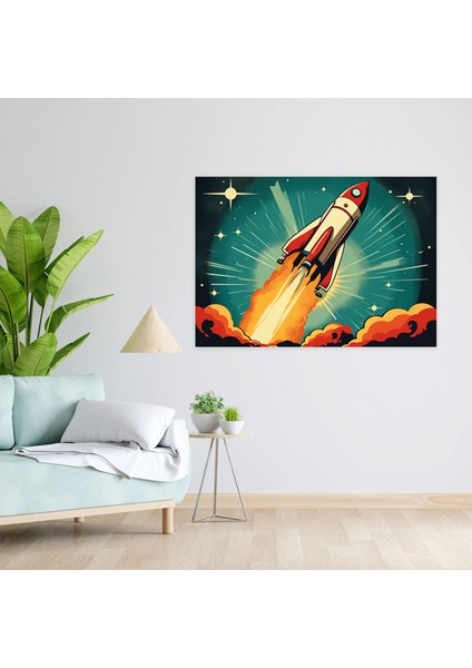 Retro Rocket Galaxy Duvar Tablosu - Toprak, Roket Gemisi, Kanvas Tablo, Ev Dekorasyonu, 50X30