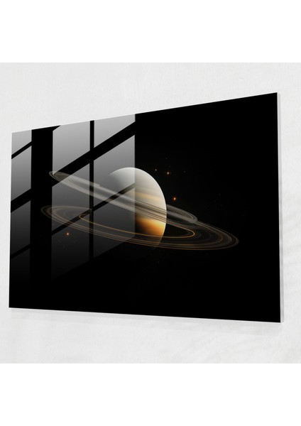 Satürn Minimalist Cam Baskı - Toprak, Duvar Süslemesi, Satürn, Siyah Arka Plan, 45X30