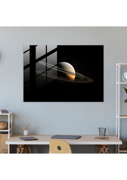 Satürn Minimalist Cam Baskı - Toprak, Duvar Süslemesi, Satürn, Siyah Arka Plan, 45X30 modelleri