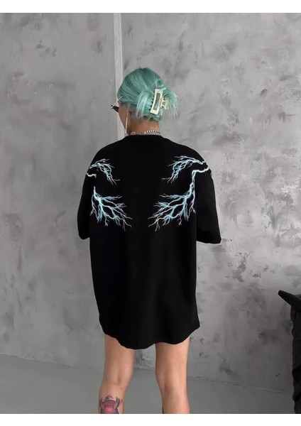 Unisex Bisiklet Yaka Baskılı Oversize T-Shirt - Siyah modelleri