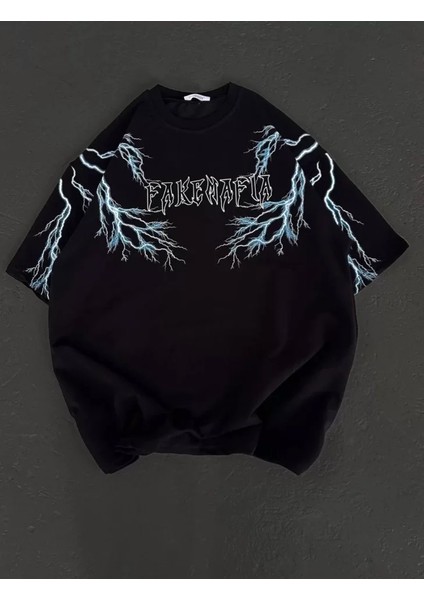 Unisex Bisiklet Yaka Baskılı Oversize T-Shirt - Siyah fırsatları