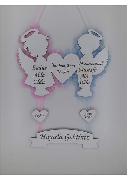 Pembe Mavi Süslemeli Kız - Erkek Kardeş / Ikiz Bebek Kapı Süsü Ahşap