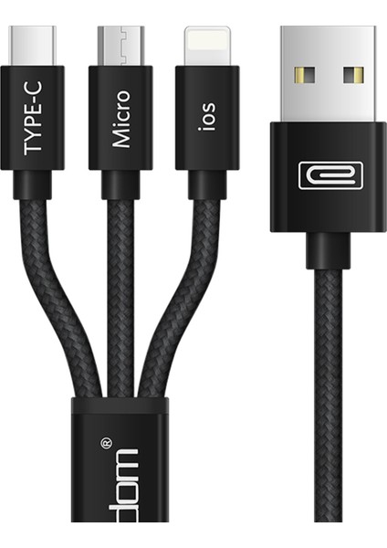 EC‑IMC015 1,2 m 3‑in‑1 Hızlı Şarj & Data Kablosu – Type‑C / Lightning / Micro USB, Siyah