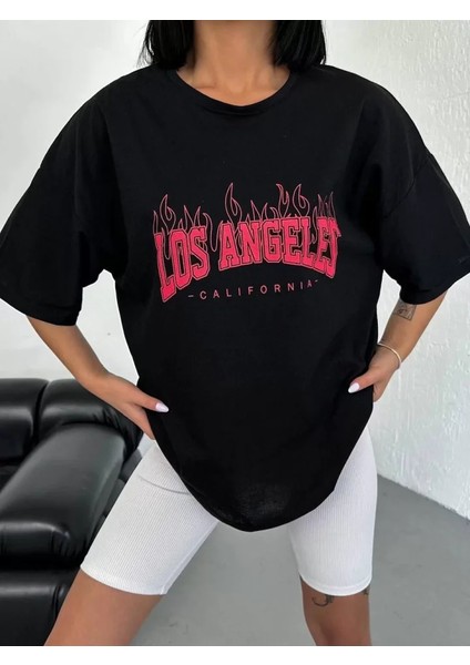 Bisiklet Yaka Baskılı Oversize T-Shirt - Siyah fırsatları