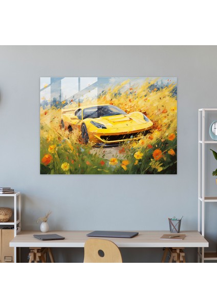 Ferrari Cam Baskı - Rüya Gibi Sarı Ferrari Çiçek Tarlasında Yarışıyor - Ferrari, Rüya Gibi, Duvar Süslemesi, Çiçek Tarlası, 45X30 modelleri