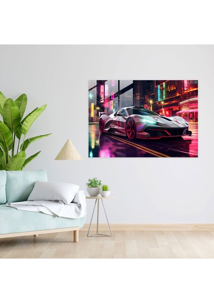 Ferrari Cam Baskı - Neon Şehir Rush - Ferrari, Ferrari, Cam Duvar Sanatı, Ev Dekorasyonu, 45X30 modelleri