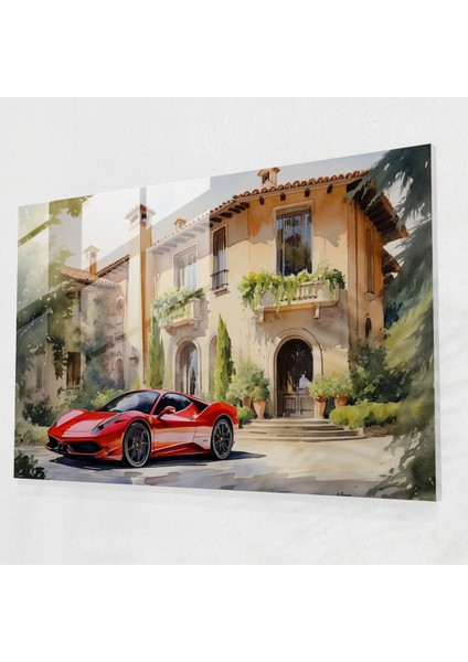 Ferrari Glass Wall Art - Italyan Villa Önünde Klasik Kırmızı Ferrari - Ferrari, Cam Sanatı, Duvar Dekorasyonu, Ev Dekorasyonu, 45X30