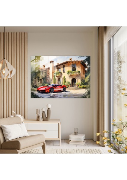 Ferrari Glass Wall Art - Italyan Villa Önünde Klasik Kırmızı Ferrari - Ferrari, Cam Sanatı, Duvar Dekorasyonu, Ev Dekorasyonu, 45X30 fiyatları