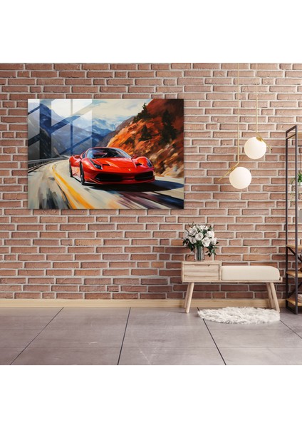 Ferrari Cam Duvar Sanatı - Manzaralı Dağ Yolunda Canlı Kırmızı Ferrari - Ferrari, Cam Sanatı, Duvar Dekorasyonu, Modern Sanat, 45X30 fiyatları