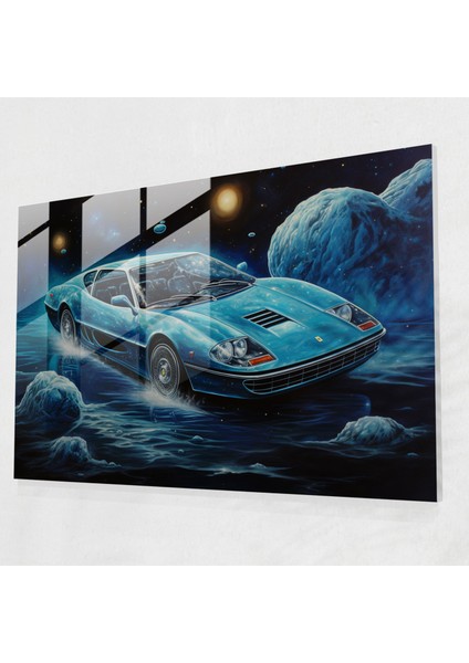 Ferrari Cam Duvar Sanatı - Kaprisli Uzayda Yüzen Mavi Ferrari - Ferrari, Ev Dekorasyonu, Cam Duvar Sanatı, Ferrari, 45X30