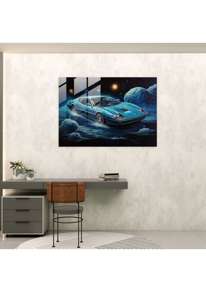 Ferrari Cam Duvar Sanatı - Kaprisli Uzayda Yüzen Mavi Ferrari - Ferrari, Ev Dekorasyonu, Cam Duvar Sanatı, Ferrari, 45X30 fiyatları