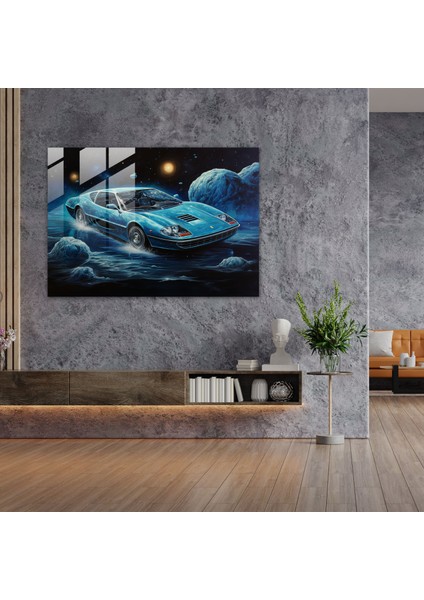 Ferrari Cam Duvar Sanatı - Kaprisli Uzayda Yüzen Mavi Ferrari - Ferrari, Ev Dekorasyonu, Cam Duvar Sanatı, Ferrari, 45X30 modelleri