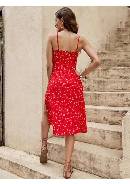 Kadın Askılı Çiçek Baskı Göğüs Bağlama Ve Büzgü Detay Yırtmaçlı Midi Boy Süprem Elbise modelleri