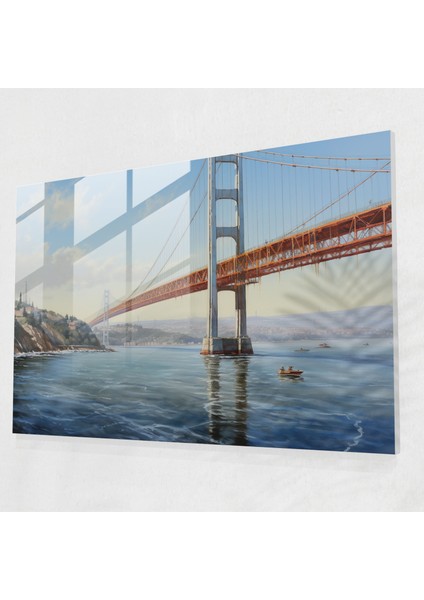 Boğaz Köprüsü Gerçekçi Cam Baskı - Boğaz Köprüsü, Hassas Fırça Çalışması, Yağlıboya Tablo, Duvar Süslemesi, 45X30