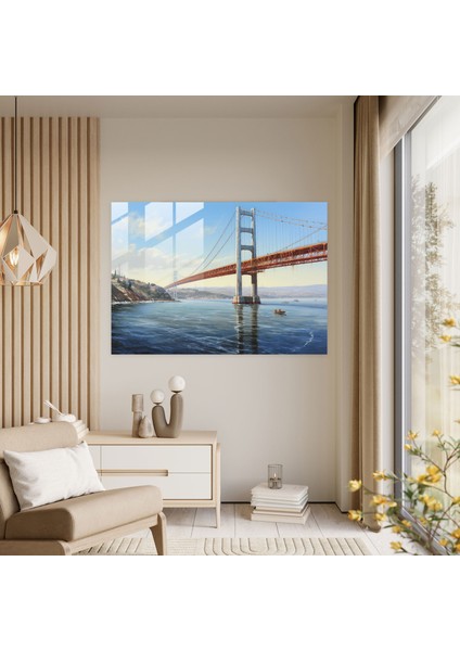 Boğaz Köprüsü Gerçekçi Cam Baskı - Boğaz Köprüsü, Hassas Fırça Çalışması, Yağlıboya Tablo, Duvar Süslemesi, 45X30