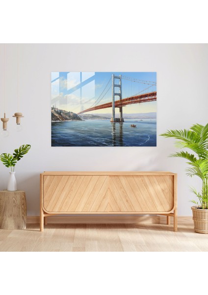 Boğaz Köprüsü Gerçekçi Cam Baskı - Boğaz Köprüsü, Hassas Fırça Çalışması, Yağlıboya Tablo, Duvar Süslemesi, 45X30