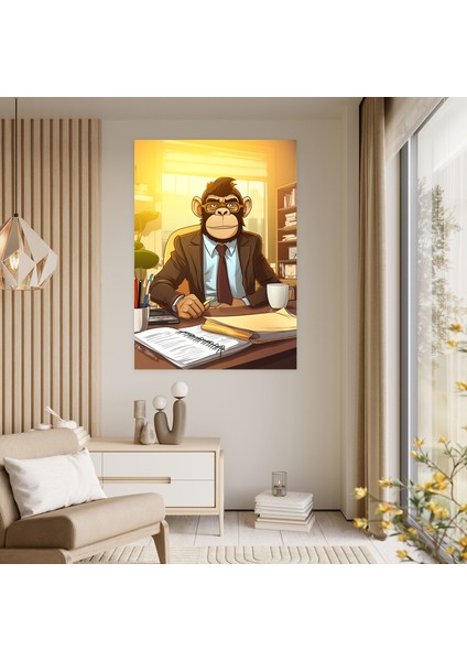 Insan Gibi Giyinmiş Hayvanlar Kanvas Tablo - Insan Gibi Giyinmiş Hayvanlar, Iş Ofisi, Duvar Dekorasyonu, Maymun, 30X50