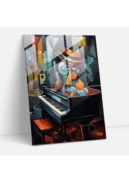 Kübist Hayvanlar Cam Duvar Sanatı - Insan Gibi Giyinmiş Hayvanlar, Insan Gibi Giyinmiş Hayvanlar, Piyano, Papyon, 30X45