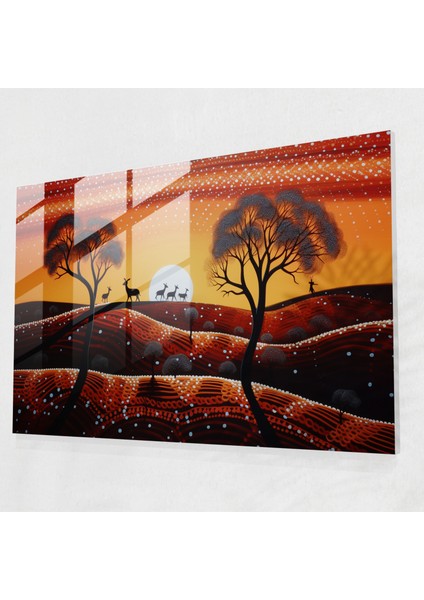 Aborijin Cam Baskı - Taşrada Kangurular - Aborijin, Nokta Boyama, Cam Duvar Sanatı, Taşra, 45X30
