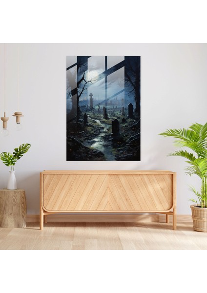 Korku Cam Baskı - Dans Eden Gölgelerle Ayışığı Mezarlık - Korku, Empresyonist Resim, Dans Eden Gölgeler, Cam Sanatı, 30X45