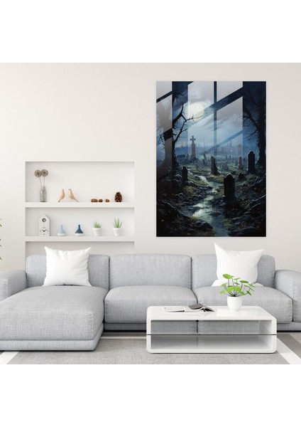 Korku Cam Baskı - Dans Eden Gölgelerle Ayışığı Mezarlık - Korku, Empresyonist Resim, Dans Eden Gölgeler, Cam Sanatı, 30X45
