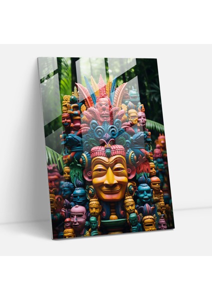 Maya Cam Duvar Sanatı: Renkli Tanrı Heykelleri - Maya, Cam Baskı, Duvar Dekorasyonu, Maya Tanrı Heykelleri, 30X45