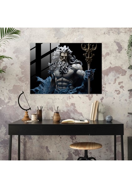 Mitoloji Cam Baskı - Üç Dişli Mızraklı Gerçeğe Yakın Poseidon - Mitoloji, Cam Sanatı, Duvar Süslemesi, Mitoloji Cam Baskı, 45X30