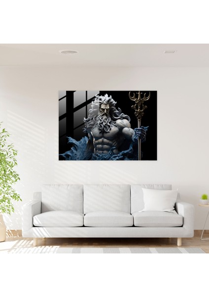 Mitoloji Cam Baskı - Üç Dişli Mızraklı Gerçeğe Yakın Poseidon - Mitoloji, Cam Sanatı, Duvar Süslemesi, Mitoloji Cam Baskı, 45X30