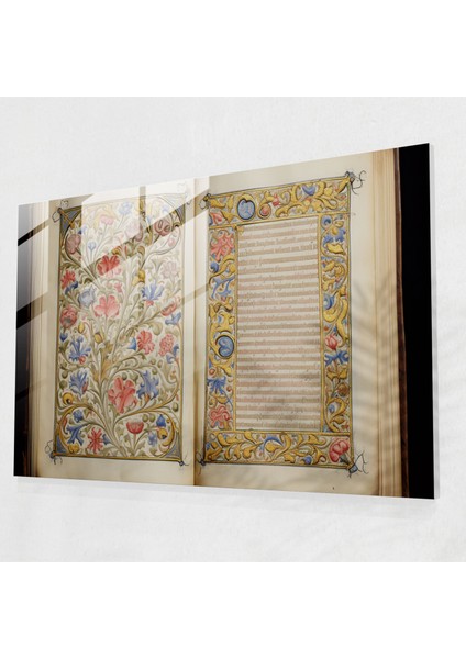 Ortaçağ Çiçek Cam Baskı - Ortaçağ, Ortaçağ, Ortaçağ El Yazması Bordürleri, Cam Baskı, 45X30