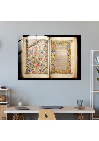 Ortaçağ Çiçek Cam Baskı - Ortaçağ, Ortaçağ, Ortaçağ El Yazması Bordürleri, Cam Baskı, 45X30 modelleri