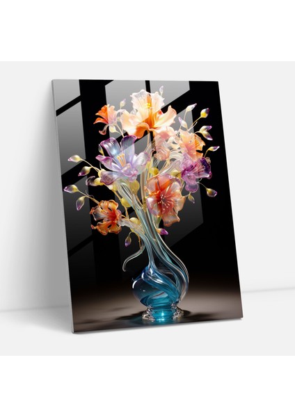 Gerçekçi Cam Heykel - Çiçek Cam Baskı - Gerçekçi Cam Heykel, Renkli, Buket, Duvar Süslemesi, 30X45